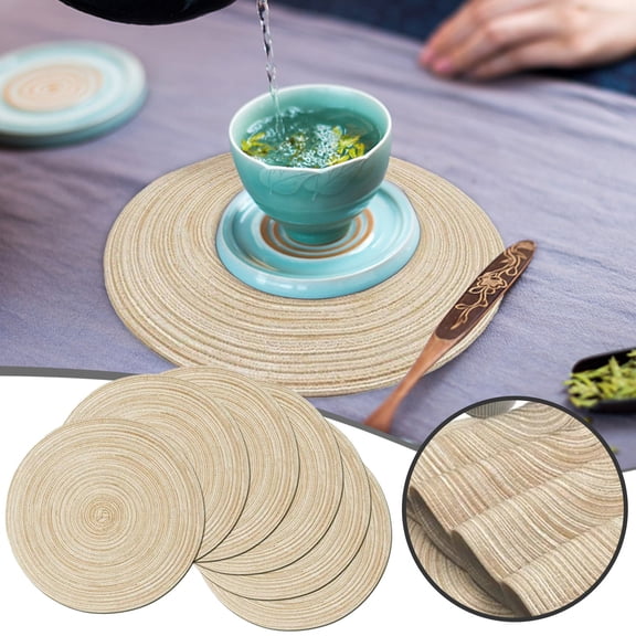 6Pack Round Placemats Braided Place Mats 12 inch Heat Resistant Washable Table Mats for Kitchen Dining Party Natural Table Decor (Beige)