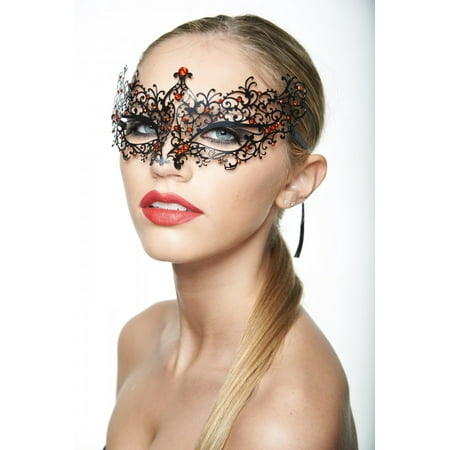 BA005RDBK Luxury Metal Laser Cut Venetian Masquerade Ball Mask with Sparkling Rhinestones