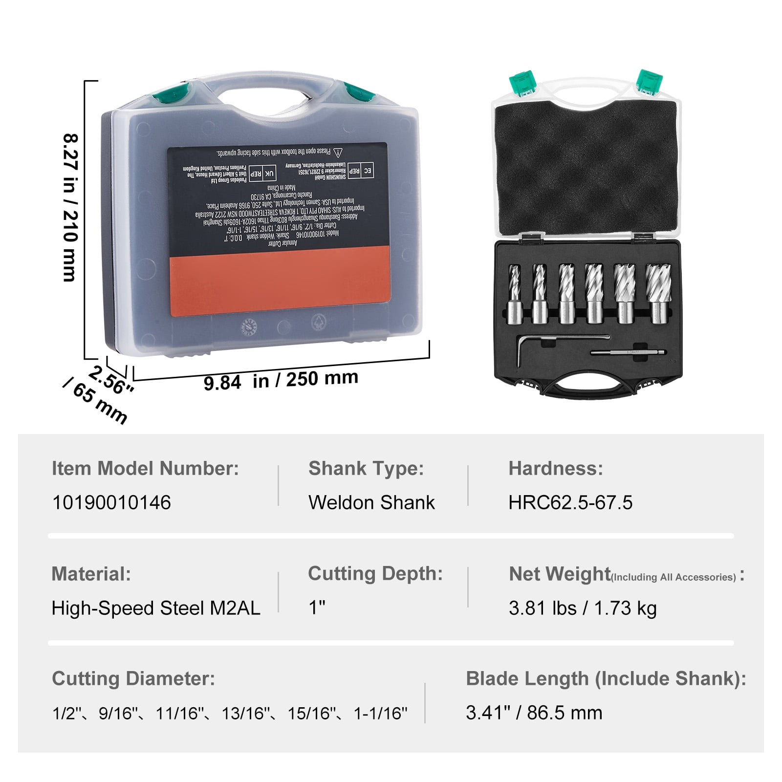 VEVOR Annular Cutter Set 6 Pcs, Weldon Shank Mag Drill Bits, Cutting Depth 1", 1/2" to 1/16" Cutting Diameter, M2AL HSS Magnetic Drill Press Bits with Pilot Pin for Using with Magnetic Drills