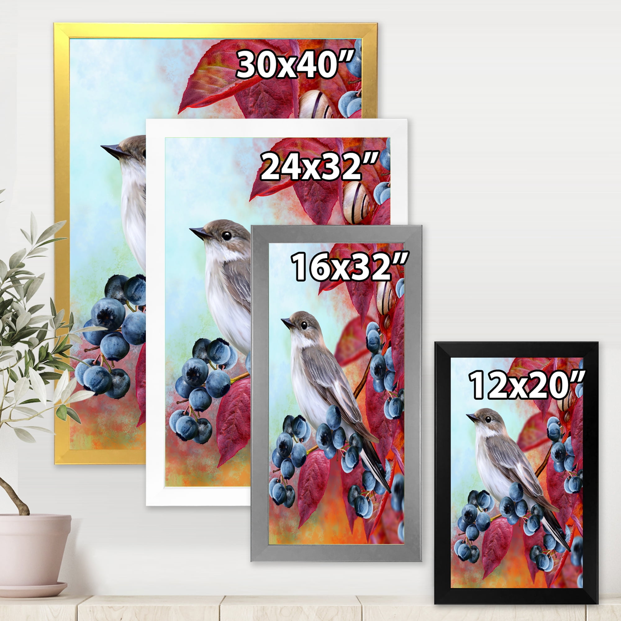 Designart 'Close Up Little Gray Bird On Red Autumn On Blueberry Twig' Traditional Framed Art Print