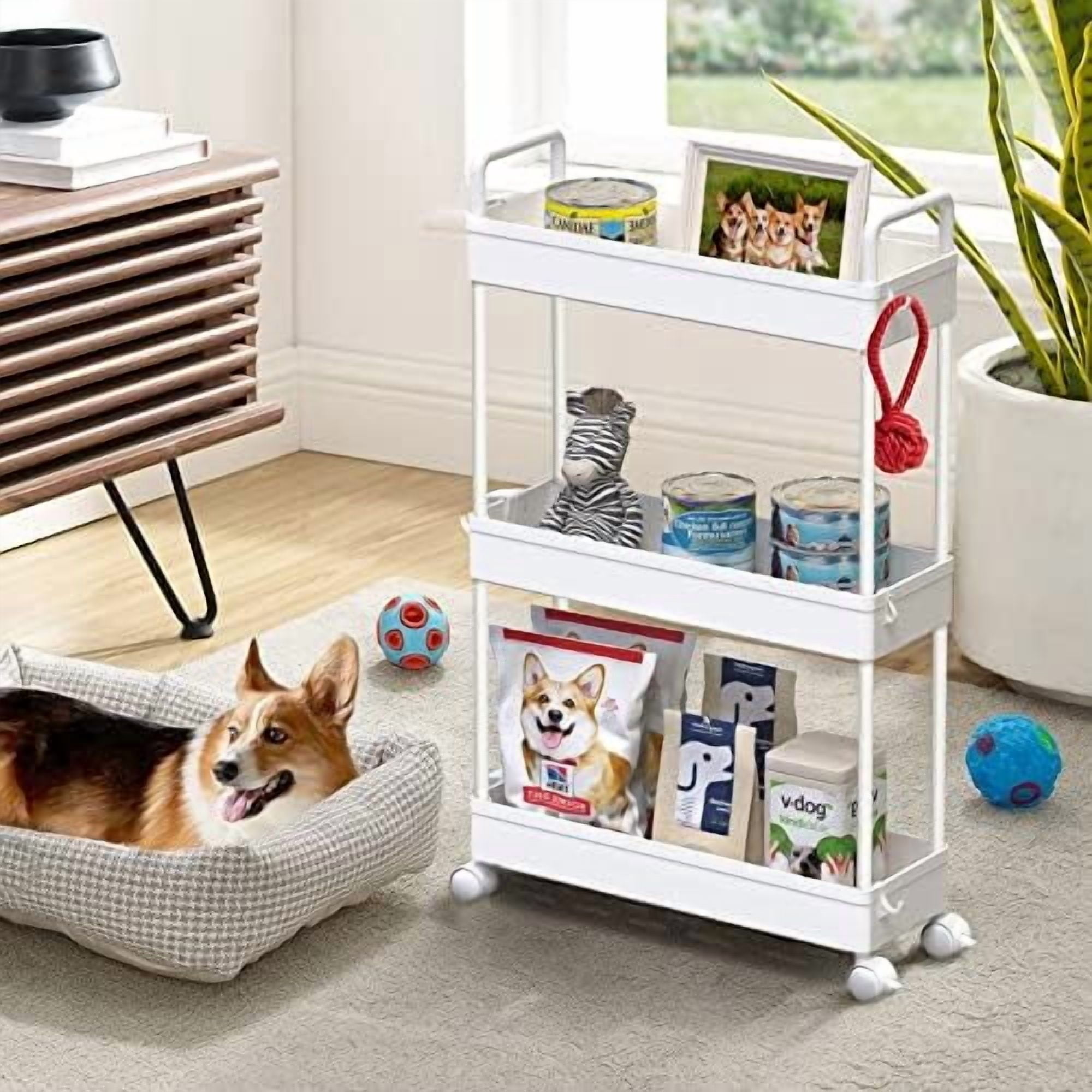 Slim Rolling Storage Cart with Wheels 3 Tier Skinny Bathroom Storage Organizer Thin Laundry Room Utility Cart Space-Saving for Bedside Kitchen Office Small Narrow Places, White