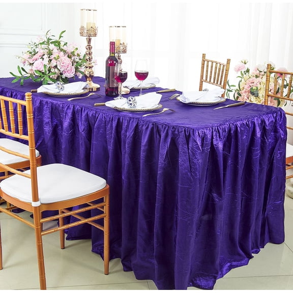 Wedding Linens Inc. 8' (96"x30") Rectangular Ruffled Fitted Crushed Crinkle Taffeta Tablecloth With Skirt - Regency Purple