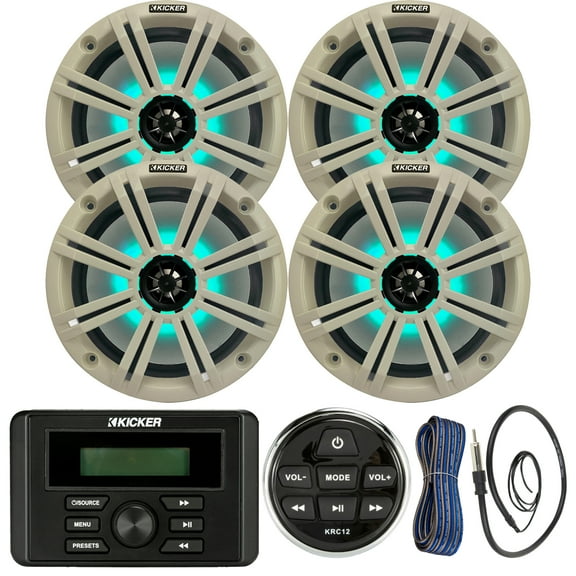 Kicker Weather-Resistant Marine Bluetooth USB RCA Stereo Receiver w/Remote Bundle with (QTY 4) 8" 2-Way 300W Max Coaxial Marine LED Speakers w/ White Grilles, 50-Ft 16-Gauge Wire, Antenna