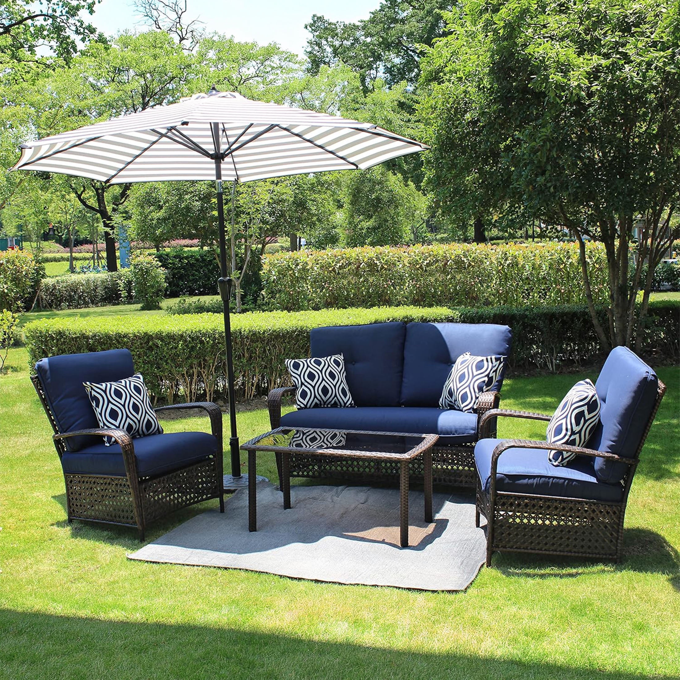 Belle Patio Amber 4-Piece Wicker Outdoor Patio Furniture Conversation Set with 4 Seats, Tempered Glass Coffee Table, White & Navy Cushions