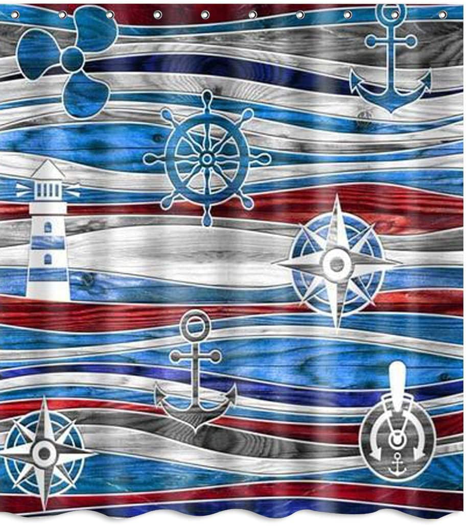 Anchor Nautical Theme Fabric Shower Curtain Sets Bathroom Decor with Hooks 71in 