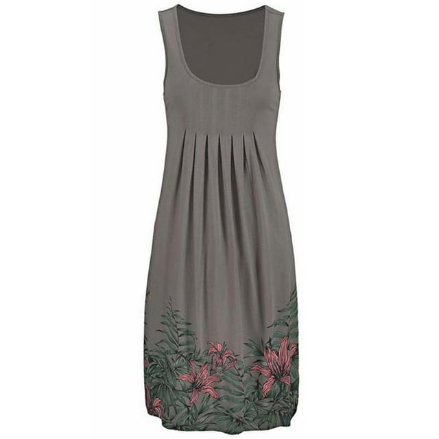 BJYX Sundress Femmes Casual Robe d'Été Cou Sans Manches Imprimé Plissé Beachwear Tank Sundresses Swing Robe