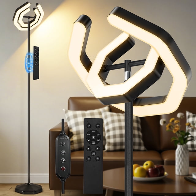 OUTON LED Floor Lamp for Living Rotatable Standing Lamp with Remote Control, 2700-6500K Color Modern Floor Reading Light, Dimmable Corner Tall Lamp for Bedroom Office, Black