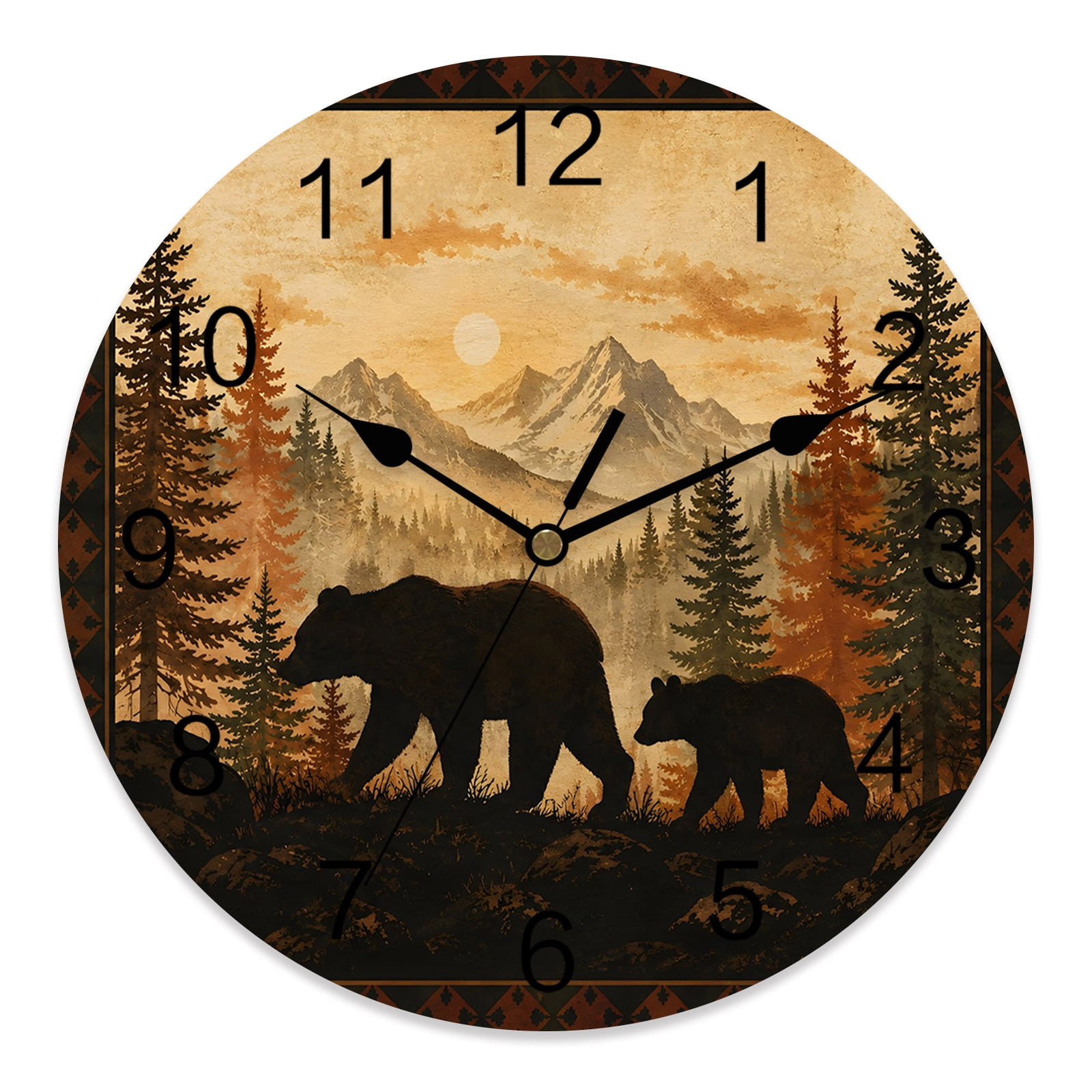 12 Inch Bear Wall Clock, Rustic Brown Wildlife Wilderness Pine Tree Forest Mountain Battery Operated Silent Non Ticking Clocks, Easy to Read Round Wall Clock for Kitchen/Living Room/Bedroom/Bathroom