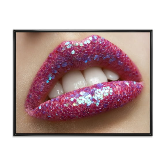 Designart 'Girl Lips Pink Lipstick and Sequins' Modern Framed Canvas Wall Art Print