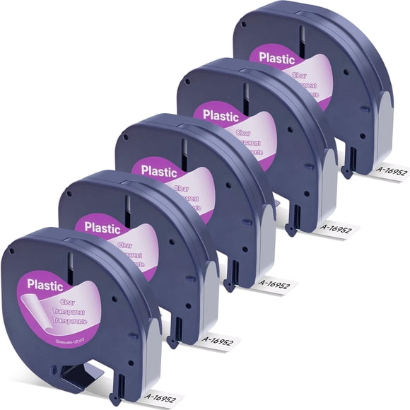 Lot de 5 Compatible avec Dymo Letratag 16952 Ruban d'Étiquette 12 mm (1/2 Po) Recharges de Cassette en Plastique 16951 12267 12268 S0721530 Noir sur Cartouche Transparente