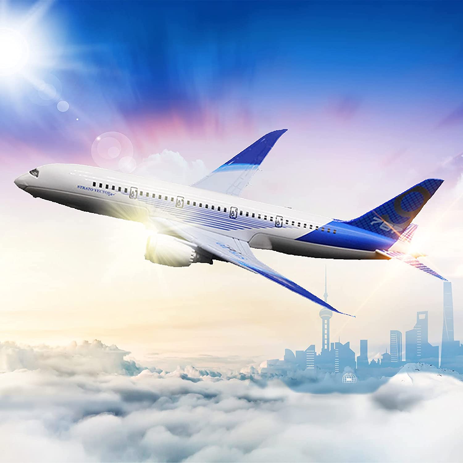 TYMZDYN 1 Pack Airplane Toys Bump and Go Airlines Die Cast Metal Model Plane Toy with Lights and Sounds for Kids Blue