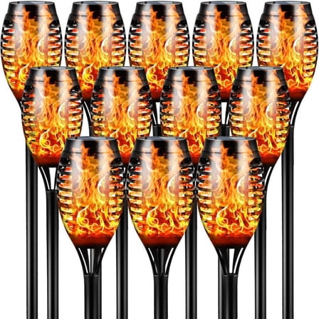 12-Pack Solar Tiki Torch Lights with Flickering Flame, 12 LED IP65 Waterproof Outdoor Lights for Garden, Patio, Pathway