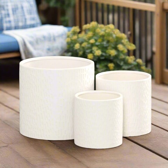 Olenna Textured Ceramic Abstract Pot Set of 3 – Decorative Indoor Planter Pots for Home & Garden, Small Medium Large Ceramic Plant Pot (White)
