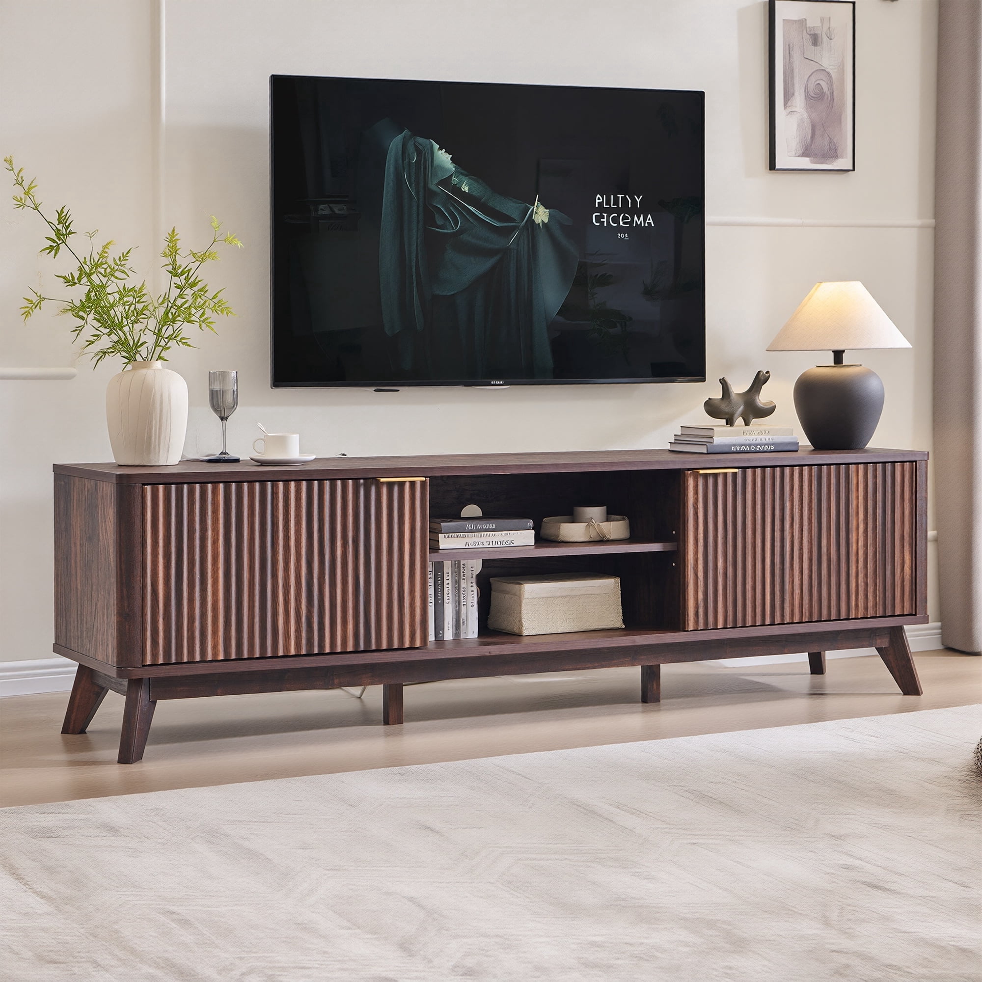 OKD 70" Modern Farmhouse TV Stand with 2 Soft Close Door, Fluted Entertainment Center Console Table, Media Furniture for Living Room, Dark Walnut