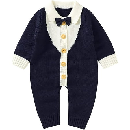 

PIKADINGNIS Newborn Baby Boys Knitted Romper Sweater Bow Tie Long Sleeve Button Down Bodysuit Jumpsuit Infant Gentleman Outfits