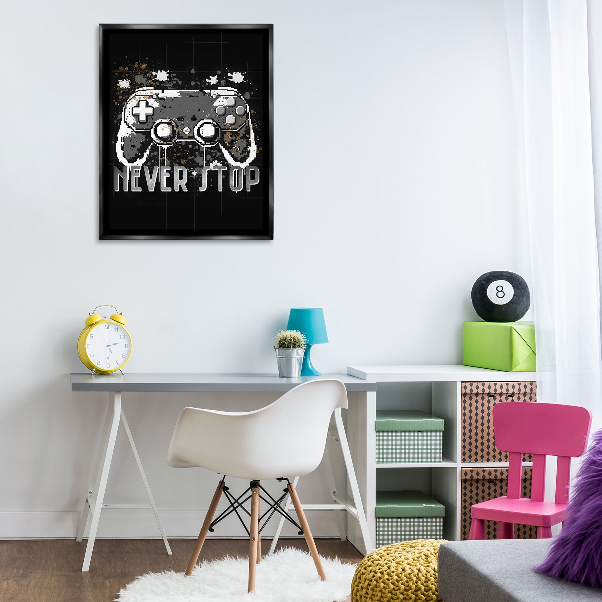 Stupell Industries Never Stop Game Controller Entertainment Painting Black Floater Framed Canvas Art Print Wall Art, 25 x 31
