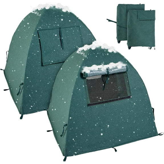 2 Packs Plant Cover Freeze Protection Blanket, 28''x28''x30'' Outdoor Garden Fabric Cover with Poles and Stakes for Winter Frost, Shade Cloth Plant Guard for Shrubs, Small Trees, Green