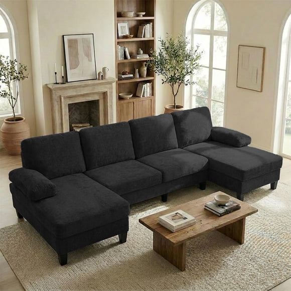 ZAFLY Sectional Couches for Living Room, Chenille U Shaped Sectional Sofa with Double Chaise for Apartment - Black