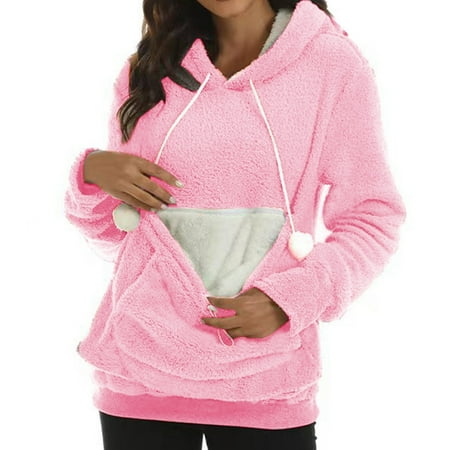 Bmisegm Women s Autumn & Winter Thick Hoodies for Women with Large Pocket Solid Color Pet Hoodie Pink M