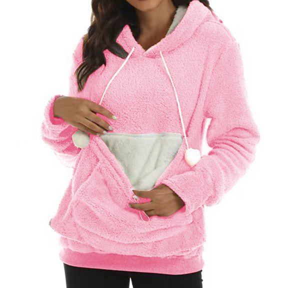 Fgnfyis Women's Autumn Winter Thick Hoodie with Hidden Pockets Solid Color Pet Hooded Sweatshirt for Casual Wear Pink XXL