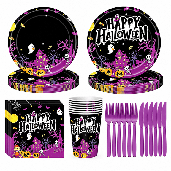 144Pcs Halloween Spooky Pumpkin Ghost Disposable Tableware Set, Paper Plates, Napkins & Plastic Forks, Serves 24 Guests, Horror Decor for Haunted House & Trick or Treat Party Supplies