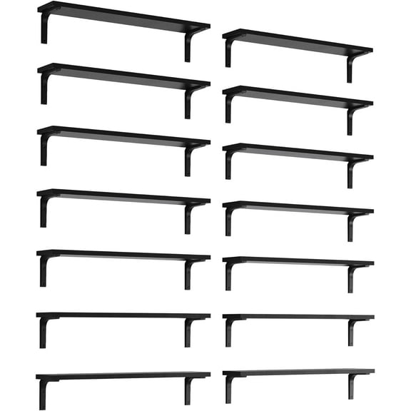 Wallniture Nola 24 inch Rustic Floating Shelves for Wall with 4'' Brackets, Wall Bookshelf for Living Room, Floating Shelf Kitchen Storage, Set of 14, Black, Wood