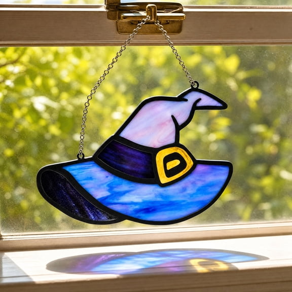 Halloween Witch Hat Suncatcher Acrylic Stained Glass Style Hanging Window Decor Ornament white