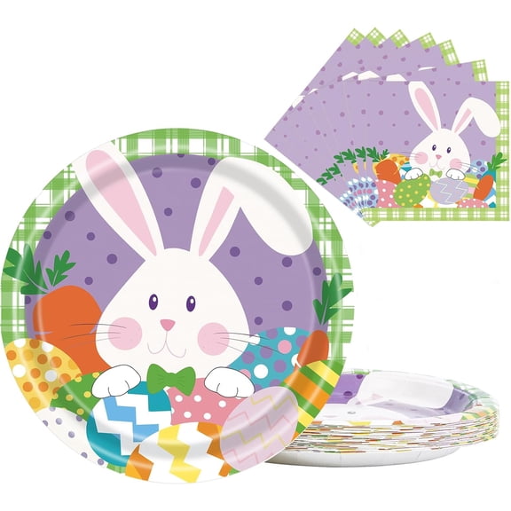 Happy Easter Paper Plates Disposable, Dessert Party Plates & Napkins with Eggs Bunny Design for Party Decorations
