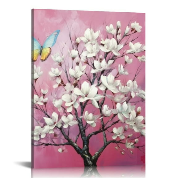 Cherry Blossom Wall Art Floral Wall Decor Living Room Purple Art Pink Flower Wall Panel Painting Butterfly Pictures Canvas Prints Decor for Bedroom Dining Room Home Decor