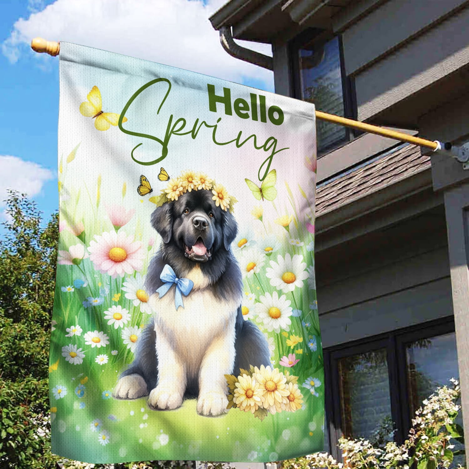 Newfoundland Hello Spring Time Flower Floral Nature House Flag 28x40in Double Sided Newfie Dog Lover Gifts Outdoor Decor - 02031