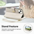 thumbnail image 6 of Floral Embossed Zipper Wallet Case for iPhone 15, Soft TPU and PU Leather with Shoulder Strap & Wrist Strap & Card Slots & Kickstand & Magnetic Clasp, Shockproof Rugged Case Cover, Beige, 6 of 13