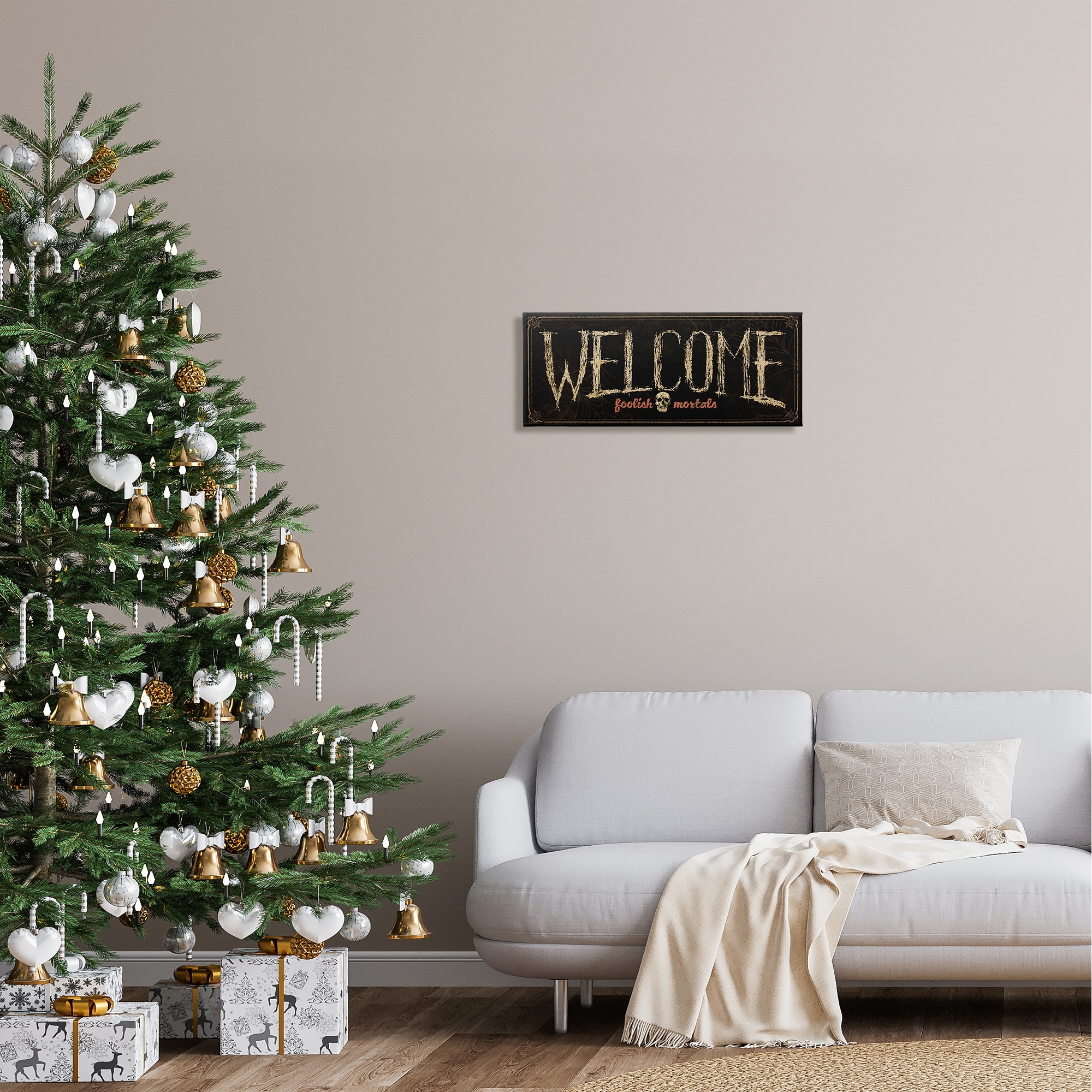 Stupell Industries Welcome Foolish Mortals Phrase Holiday Painting Gallery Wrapped Canvas Print Wall Art