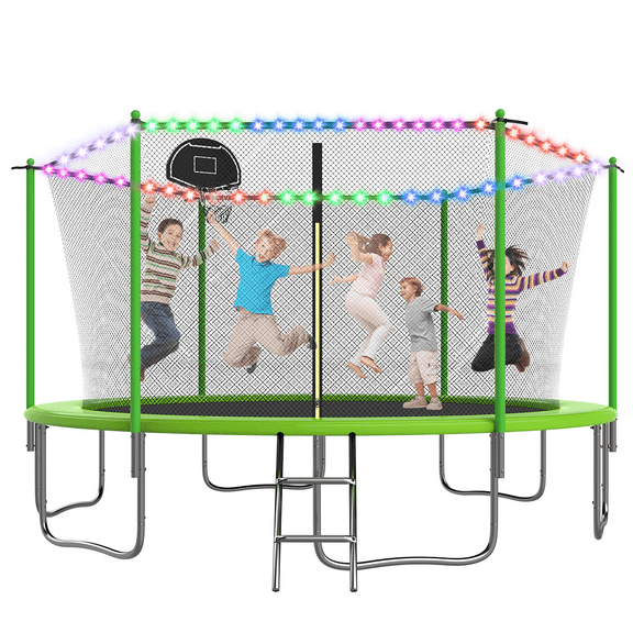 OVATOYS 1400LBS 14FT Trampoline for Adults and Kids,Trampoline with Enclosure,Basketball Hoop, Light,Recreational Trampoline with Ladder, Heavy Duty Trampoline Capacity for 6-7 Kids