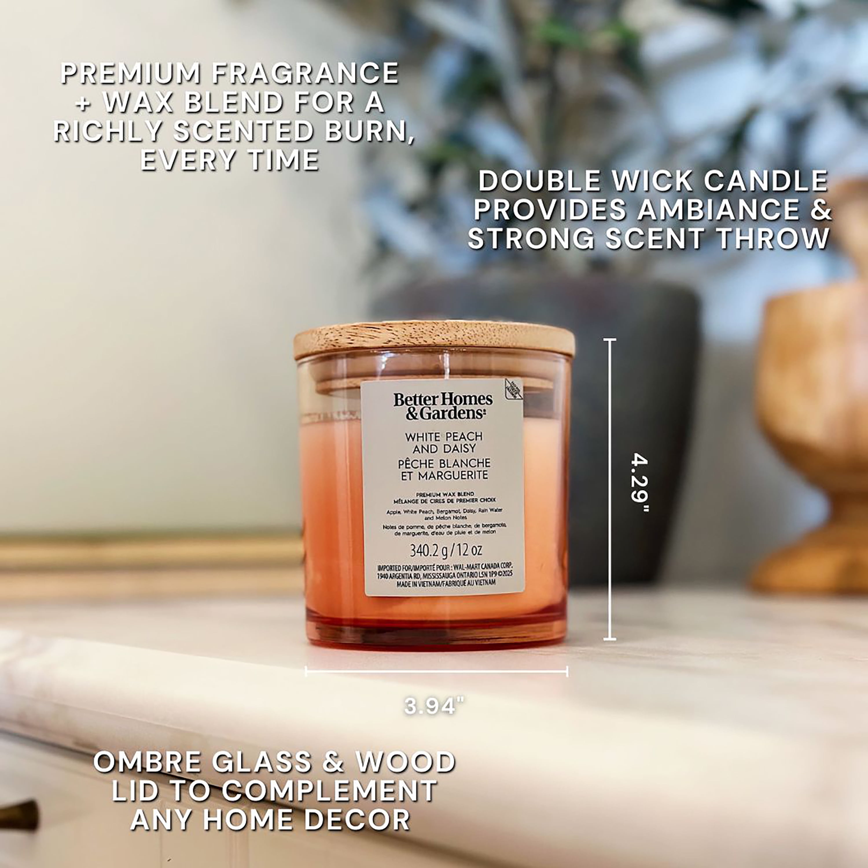 Better Homes & Gardens Scented 2-wick 12 oz. Parrafin Wax Ombre Jar Candle, White Peach & Daisy, Parrafin Wax Blend