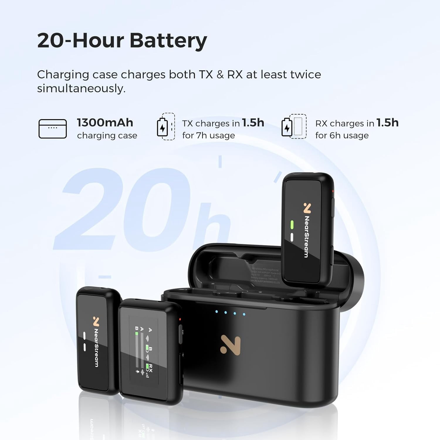 Nearstream AWM 20T Wireless Lapel Microphones for iPhone/Android/DSLR/Camera with Noise Cancellation, 656ft Transmission, LCD Display, 20H Battery Life