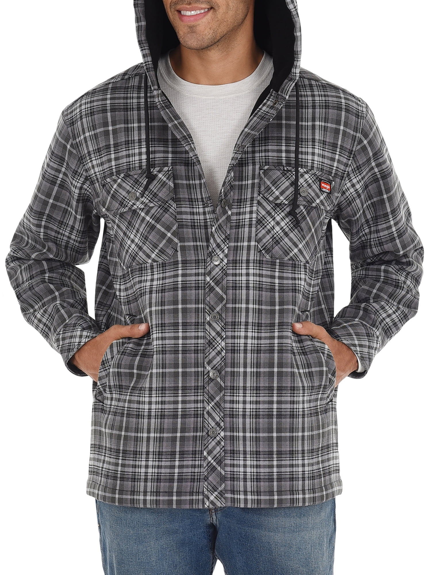 Wrangler Men's and Big Men's Essential Shirt Jacket with Polar Fleece  Lining and Hood 