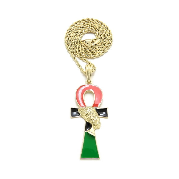 iJewelry2 Egyptian Afro-Flag Colored ANKH Cross with Queen Nefertiti Motif Gold Tone Rope Chain Pendant Necklace 18''