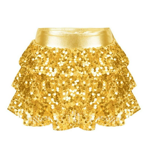 YUUMIN Girls Sequin Skirt Kids Elastic Waistband Sparkly Party Dance Ballet Mini Tiered Ruffle Cake Skirt Gold 8