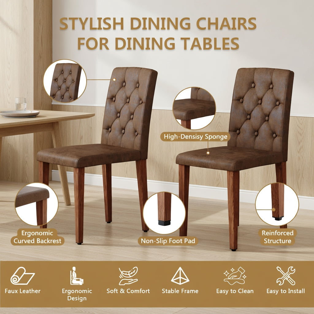 Hommoo 2-Pack Tech Fabric Dining Chairs with Ergonomic Buckle Backrest, Walnut Metal Legs, 35-inch Height, Modern Restaurant & Home Dining Seating, Brown
