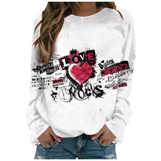Camisa del día de San Valentín de las mujeres que imprime las camisetas de manga larga del jersey de las tapas XBTCLXEBCO Blanco negro, Extra Grande