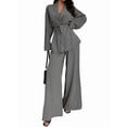 thumbnail image 2 of Women'S Casual Lounge Two Piece Outfits Long Sleeve V Neck Wrap Tie Waist Shirt Wide Leg Pants Sets Gray S, 2 of 10