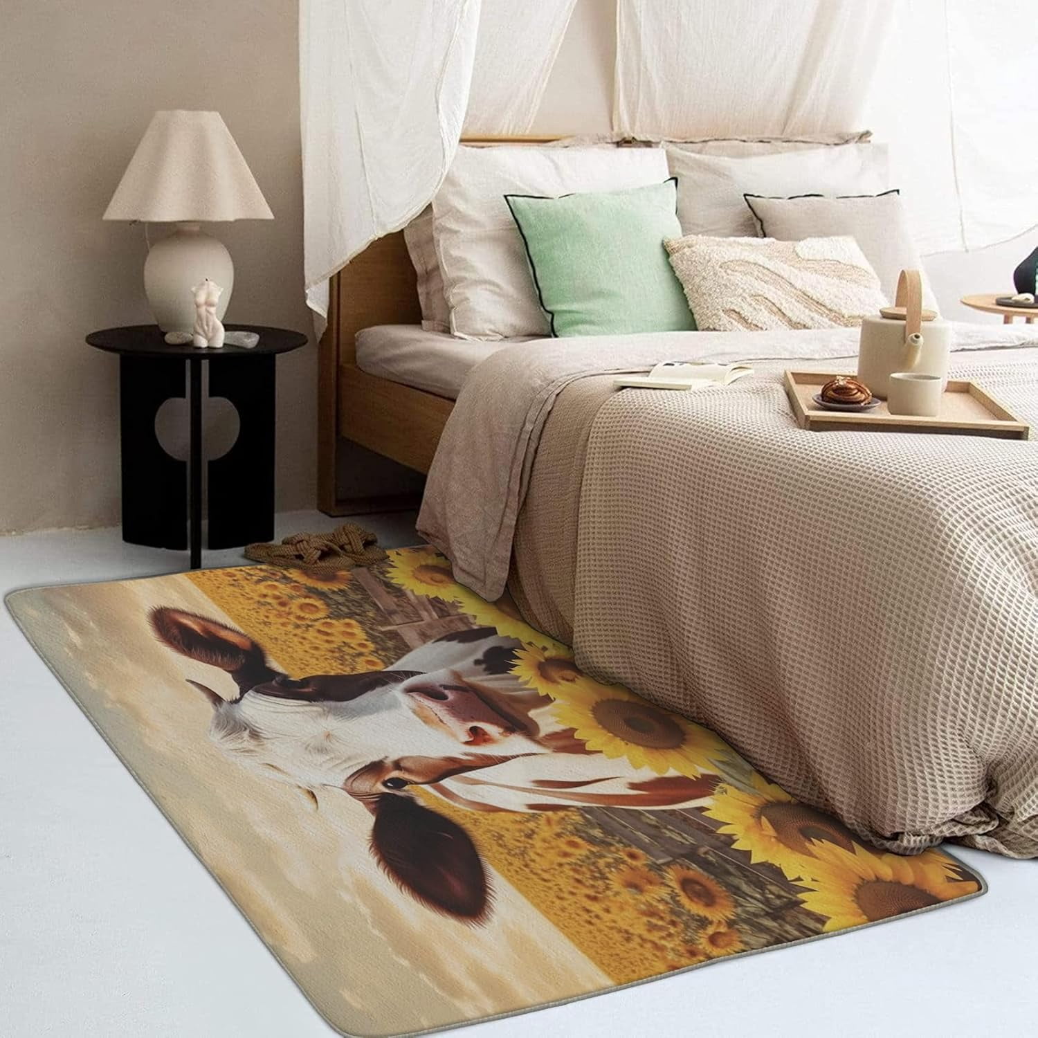 3x5 Farmhouse Area Rug - Painted Cow Sunflower Design, Washable & Low Pile, For Living Room Bedroom