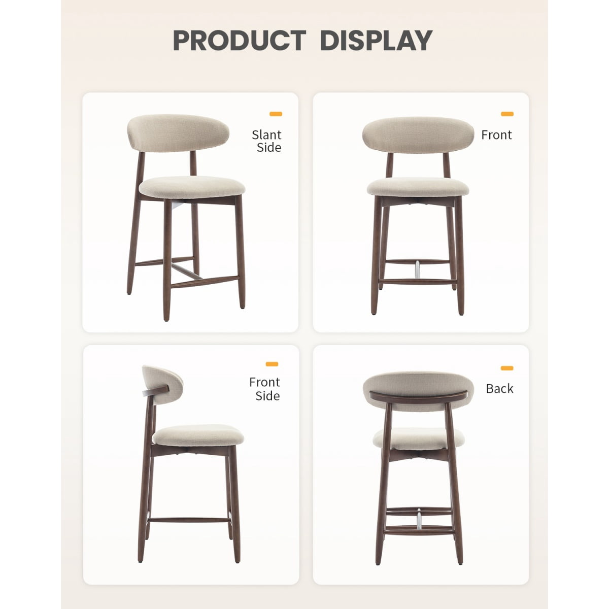 EOP Upholstered Counter Height Bar Stool with Back, Modern Kitchen Island Stool, Wood Leg Bar Chair for Kitchen Island Dining Room Bar Counter, Beige