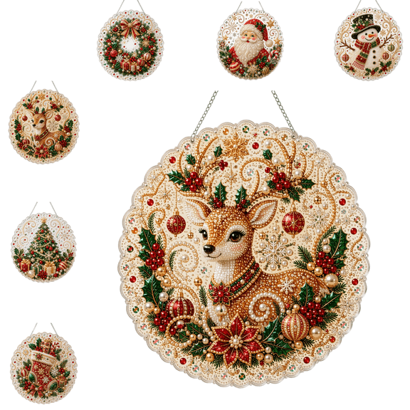 Christmas Pearl Diamond Painting Suncatcher Kit, DIY Pearl Bead Art Hanging Ornament Set, Pre-Assembled Metal Chain, Lace Edge Round Acrylic Board with 3D Mixed-Sized Pearl Beads 1pc F