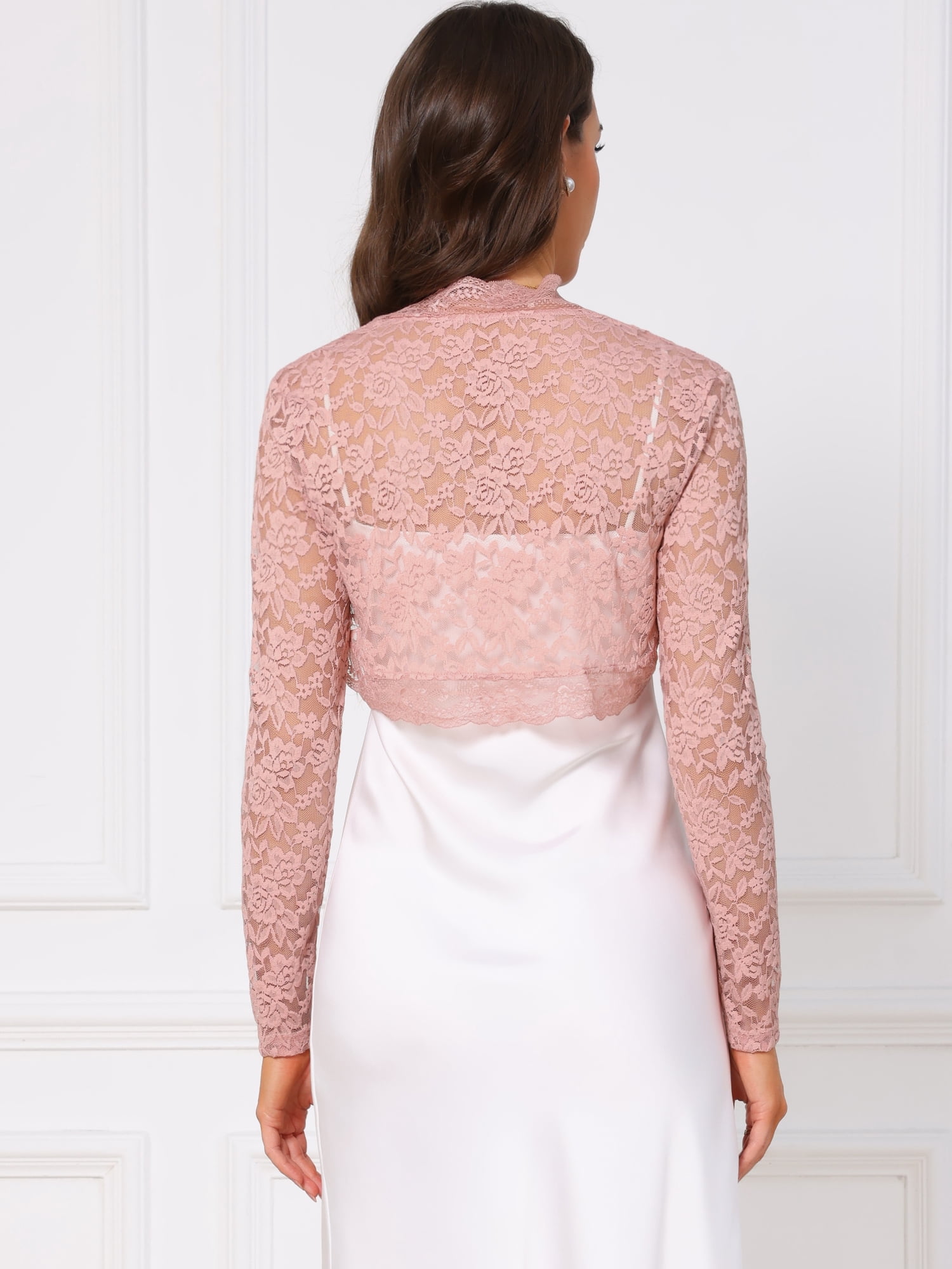 DARING DIVA Women's Floral Bolero Shrug Long Sleeve Sheer Cropped Lace Cardigan M Pink