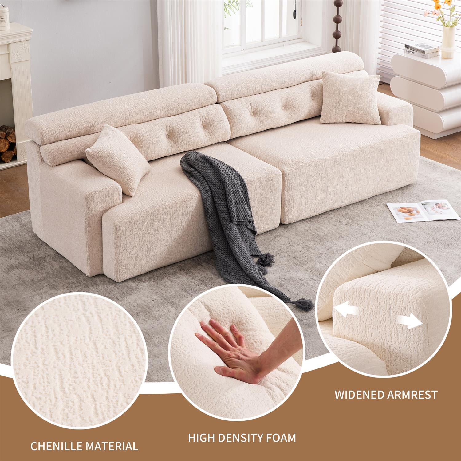Demi Bonn 103" 4-Seater Compression Sofa Couch with Wood Grain Chenille Fabric, Full Sponge Cushion and 2 Cozy Pillows for Living Room, Beige