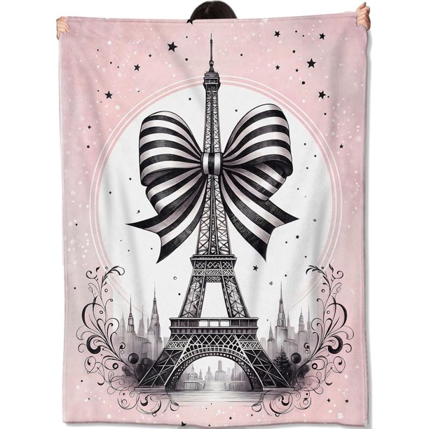 Manta de la Torre Eiffel de París, regalo para niños, mujeres, adultos y niñas, bonita manta con lazo de rayas rosa, suave, cómoda y ligera para el sofá cama del hogar, decoración del sofá, amantes