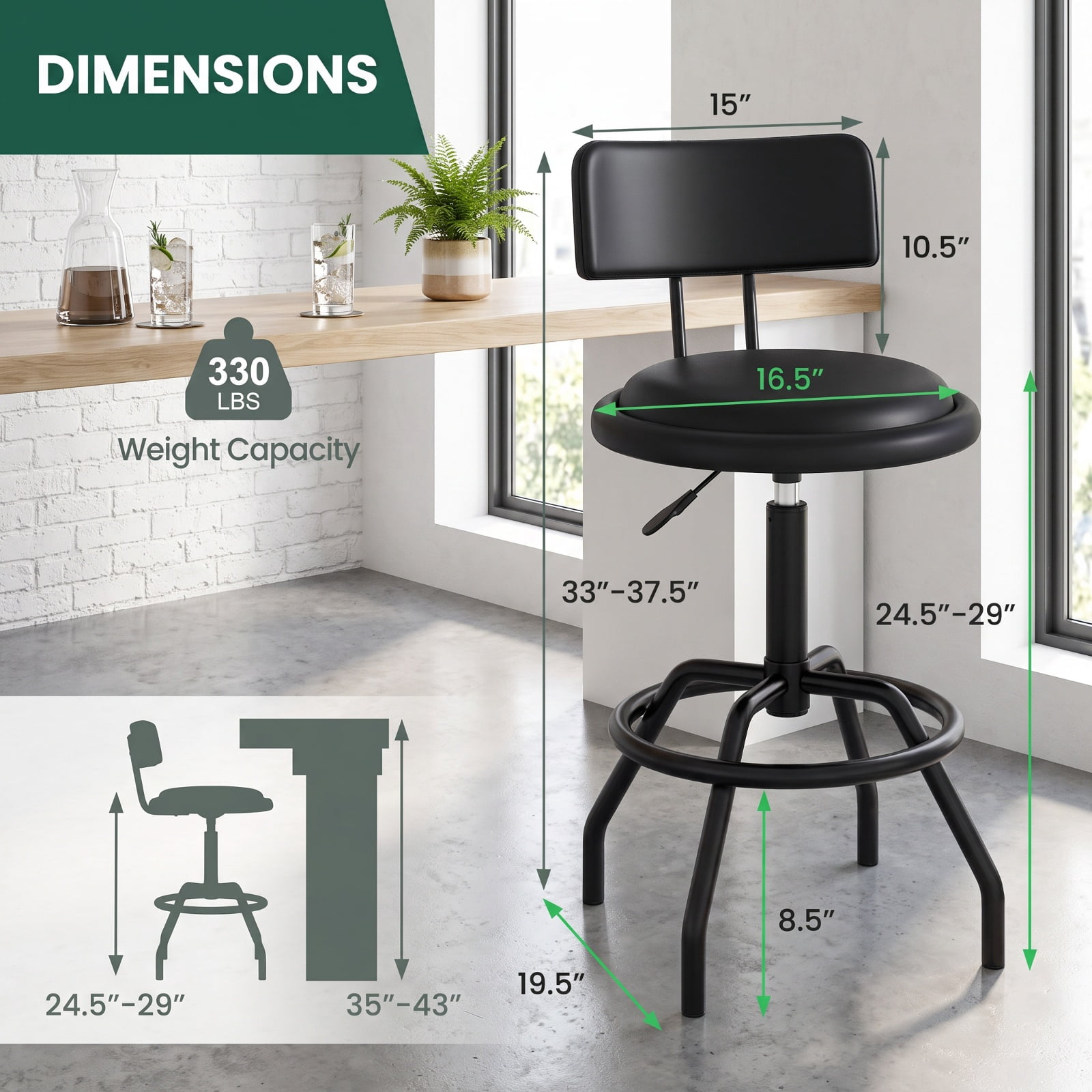 Furnibear 360 Swivel Counter Height Barstool with Padded Seat Backrest and Footrest