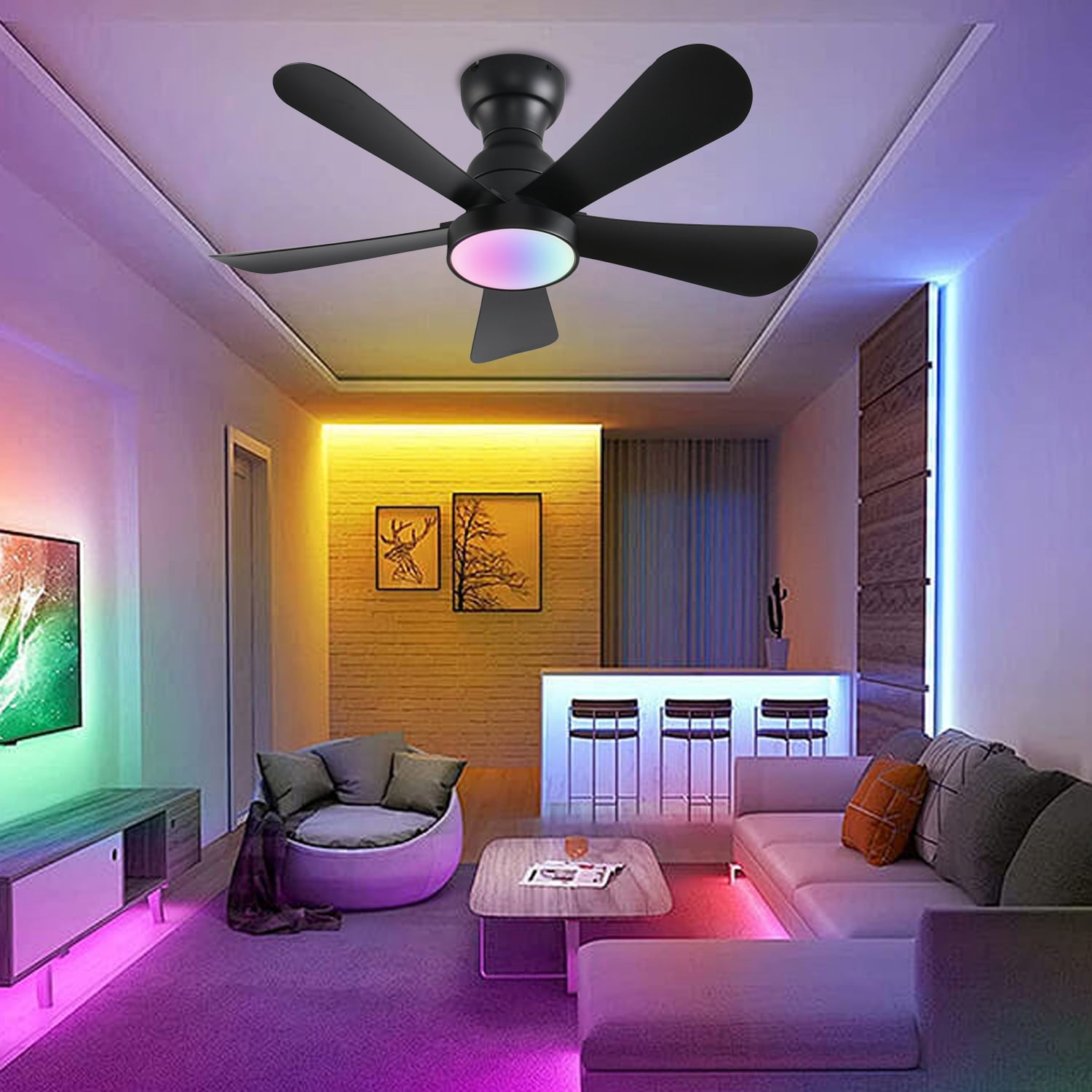 42 Inch Black Ceiling Fans with Lights and Remote/App Control, Flush Mount Ceiling Fan with RGB Dimmable Light, Noiseless Modern Small Ceiling Fan for Bedroom Indoor/Outdoor