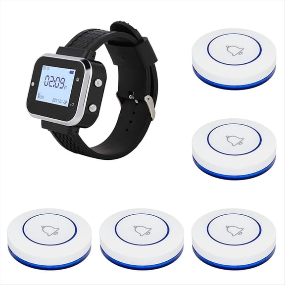 Wireless Calling System 5 Table Call Button Transmitters 1 Watch Pager, Restaurant Waiter Service Bell Buzzer A,1 x watch receiver 5 x call buttons